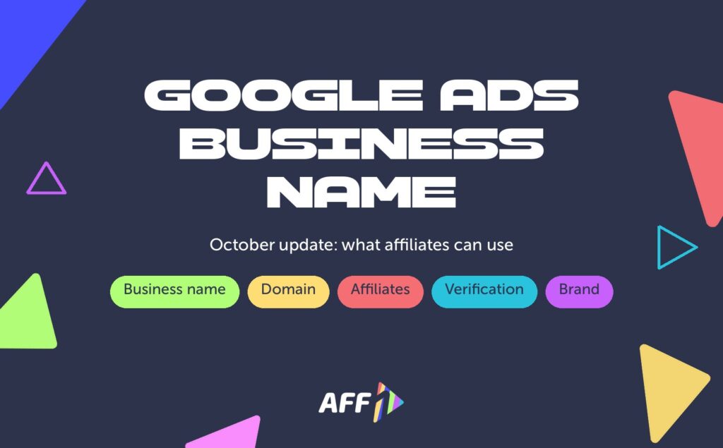 Cover: Google Ads business name policy update for affiliates, with domain, verification and brand on the AFF1 background