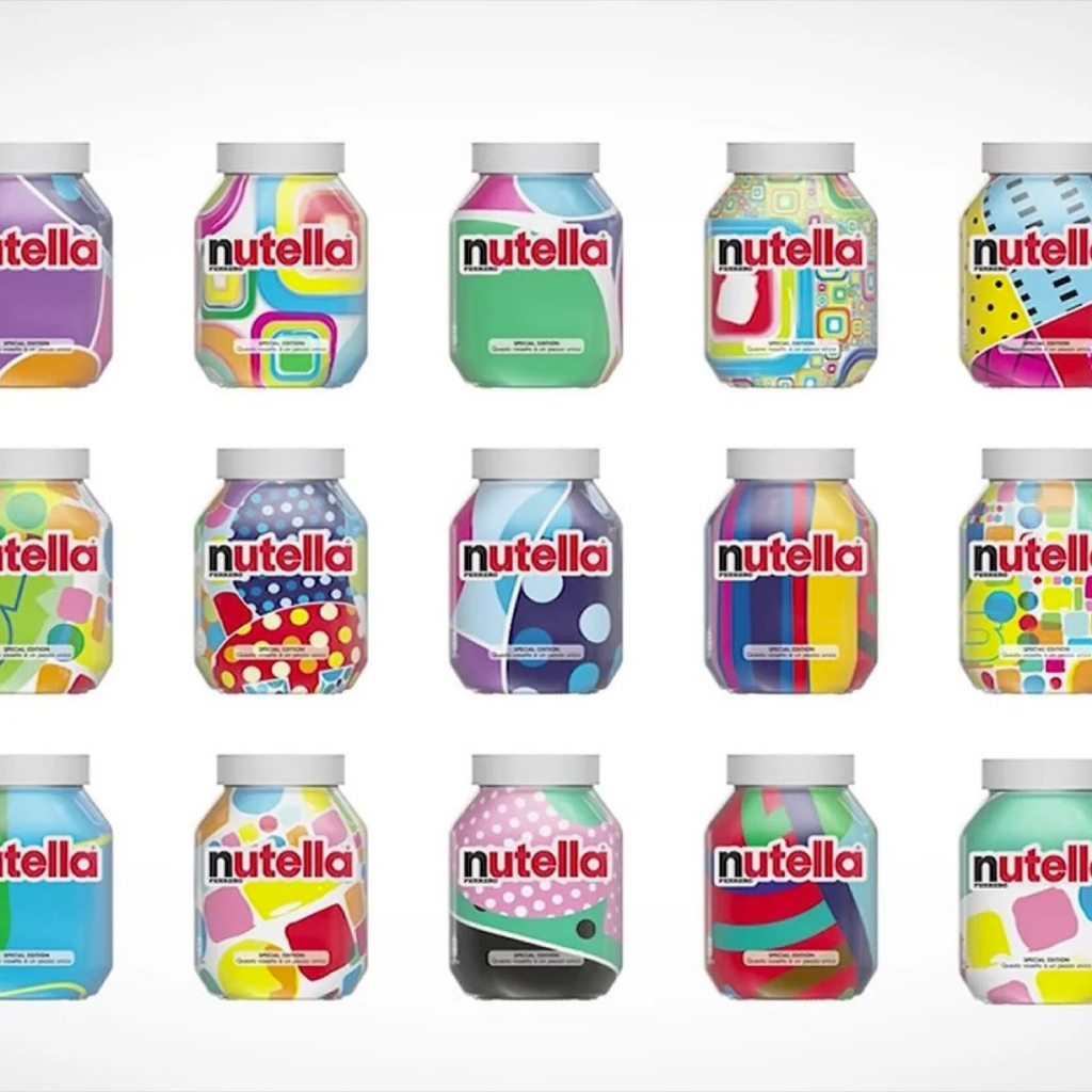 A collage of colorful Nutella jars with unique designs created by an AI algorithm for a marketing campaign.