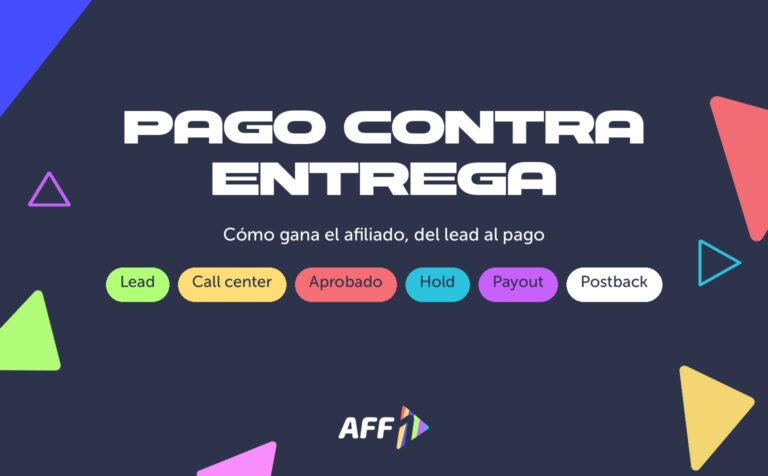 Portada: pago contra entrega para afiliados, con lead, call center, aprobado, hold y payout sobre fondo de AFF1