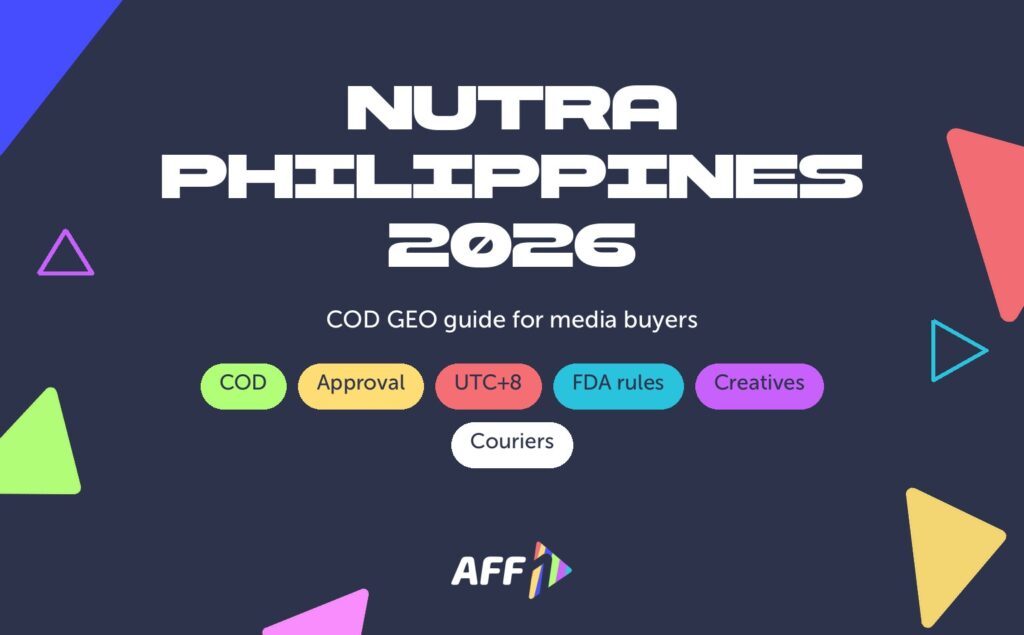 Cover: nutra Philippines 2026 GEO guide — COD, approval, UTC+8, FDA rules, creatives and couriers on the AFF1 background