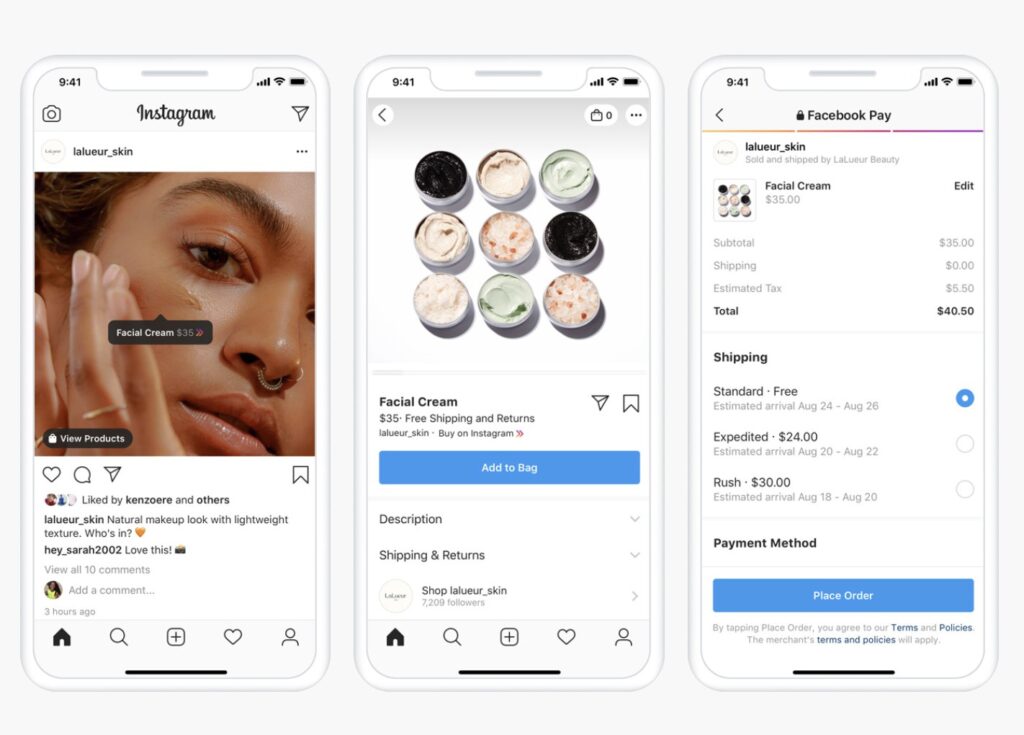 Screenshots demonstrating retail trends in social commerce through Instagram and Facebook shopping. The first image shows an Instagram post from Lalueur Skin featuring a model applying facial cream. The second image displays an Instagram shopping interface with various facial cream options. The third image shows the Facebook Pay checkout screen with a facial cream product, listing price details and shipping options.