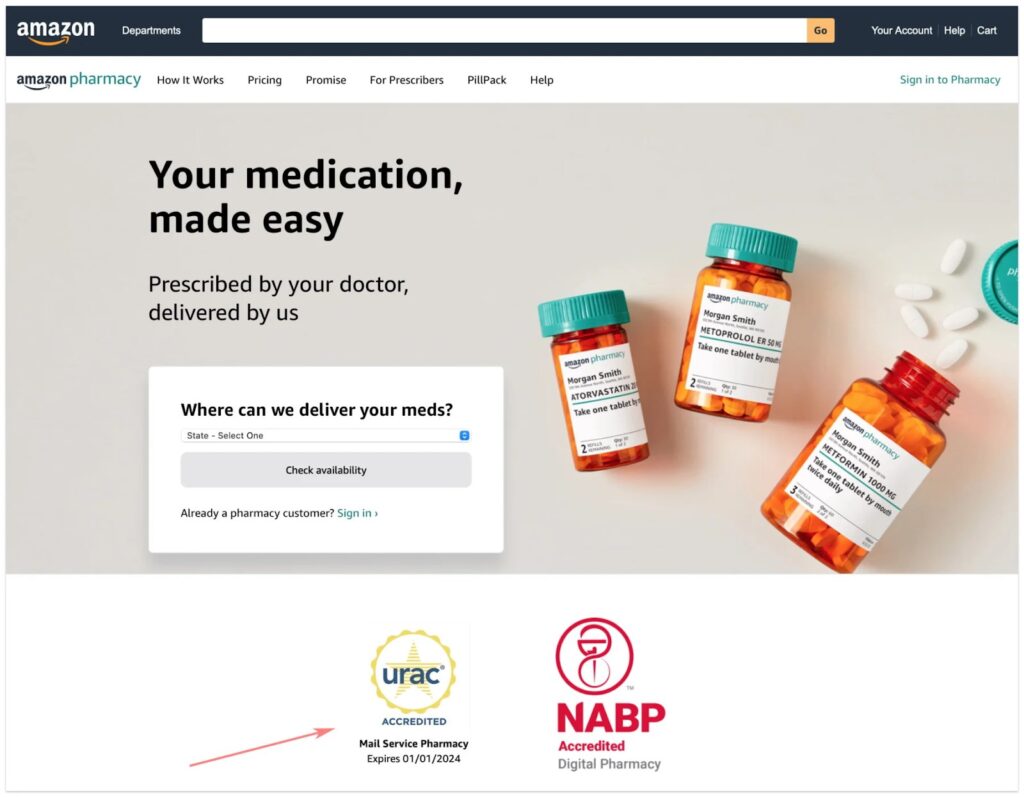 Amazon Pharmacy web page showcasing 'Authority Bias in Affiliate Marketing' by featuring three labeled prescription bottles, indicating a personalized and trusted service. The page conveys the ease of medication delivery with authority seals from URAC and NABP for credibility, aligning with the affiliate marketing strategy to build consumer trust through authoritative endorsements.