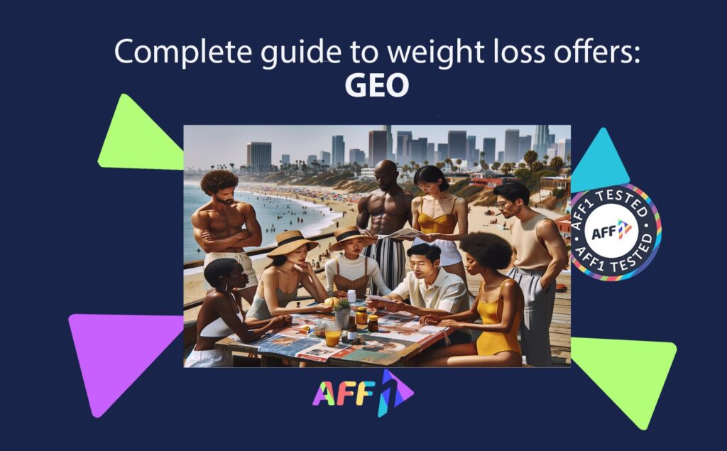 Group of diverse people gathered around a table with weight loss supplements on a sunny beach, representing a target audience for GEO-specific weight loss offers, with the text 'Complete guide to weight loss offers: GEO' and the 'AFF1 TESTED' badge.