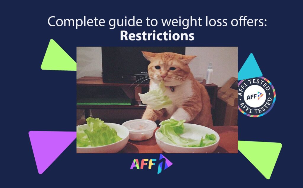 Orange cat sitting at a table eating lettuce, humorously representing weight loss offers, with the text 'Complete guide to weight loss offers: Restrictions' and the 'AFF1 TESTED' badge.